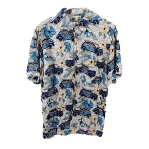 Vtg M E Sport Mens Hawaiian Shirt Large Short Sleeve Rayon Floral Car Button